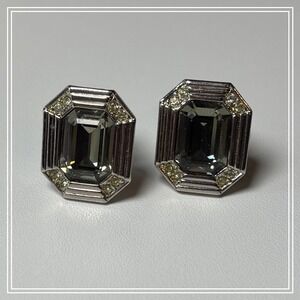 Glamorous Emerald Cut Rhinestone Clip On Earrings Silver Tone Statement